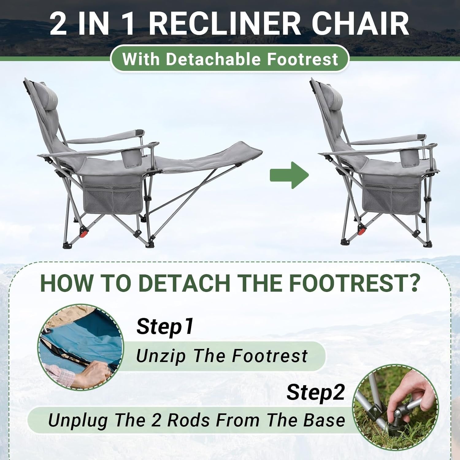 2x Reclining Folding Camping Chairs Padded Footrest Grey Cup Holder