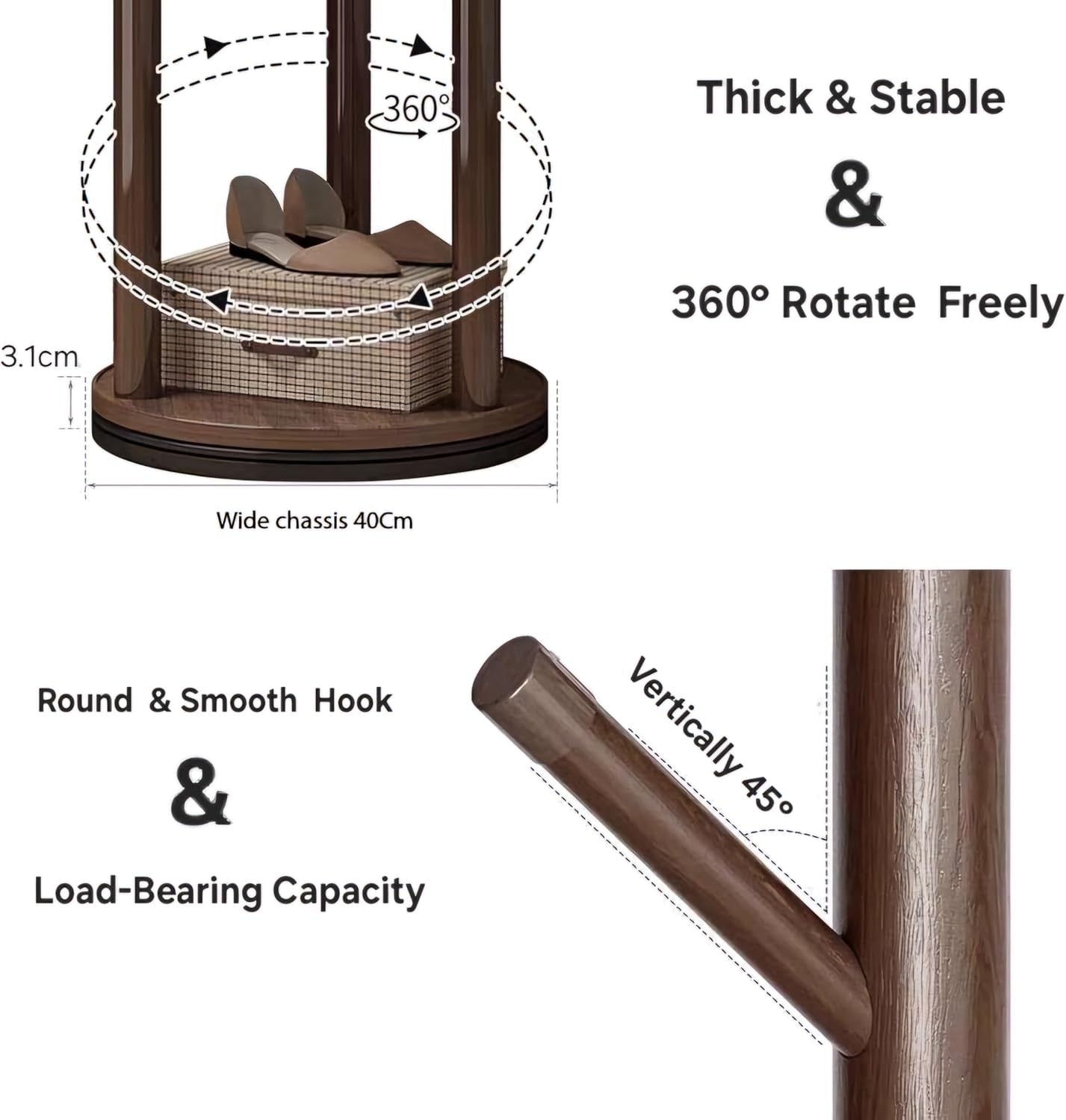 360° Rotating Wooden Coat Rack Stand with Shelf Solid Wood Hall Tree 165cm