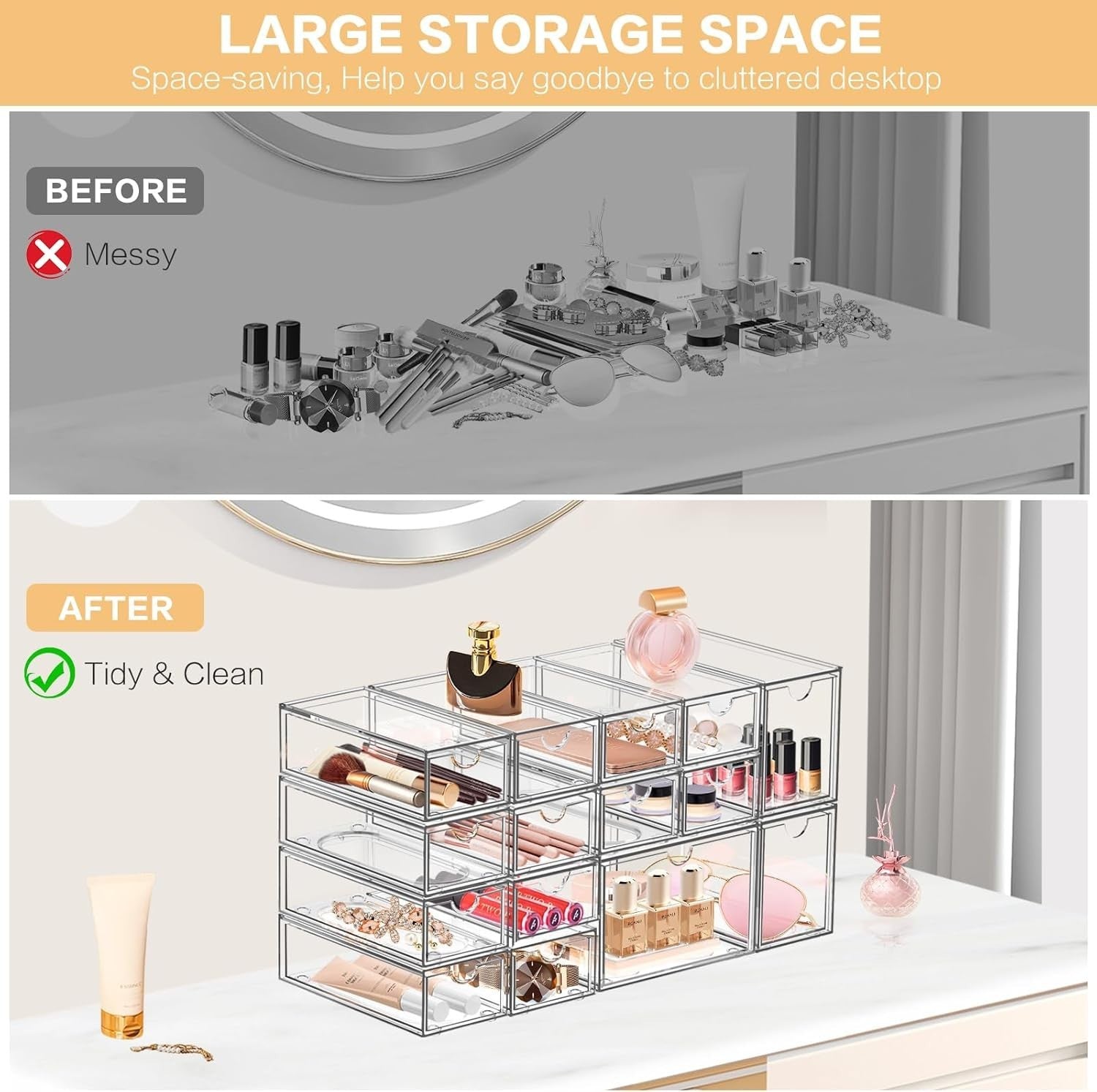 14-Drawer Acrylic Desk Organizer Stackable Storage for Makeup & Office