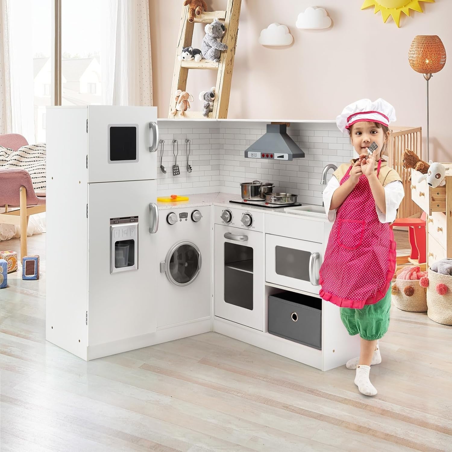 Corner Wooden Kids Play Kitchen Lights Sounds Chef Toy White