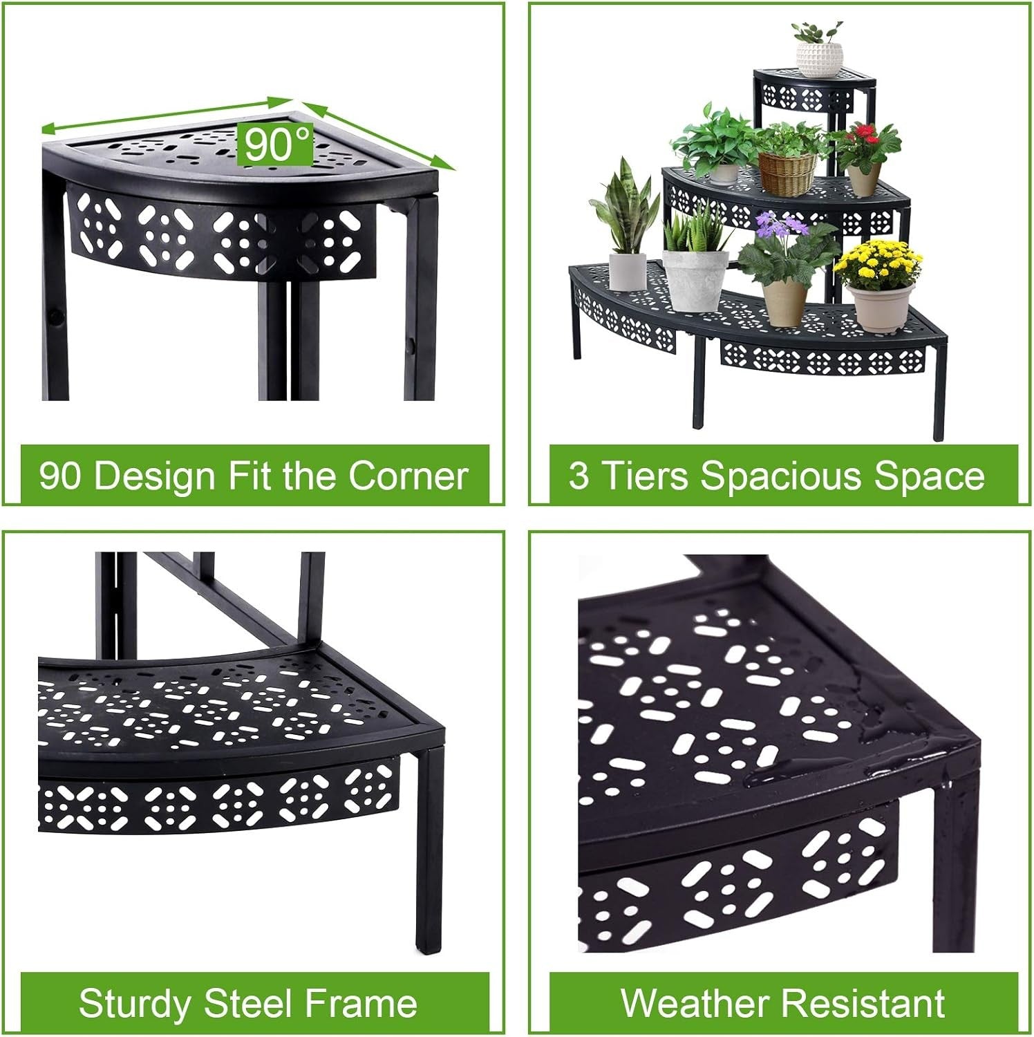 3 Tier Black Metal Plant Stand Indoor Outdoor Corner Flower Pot Display Rack