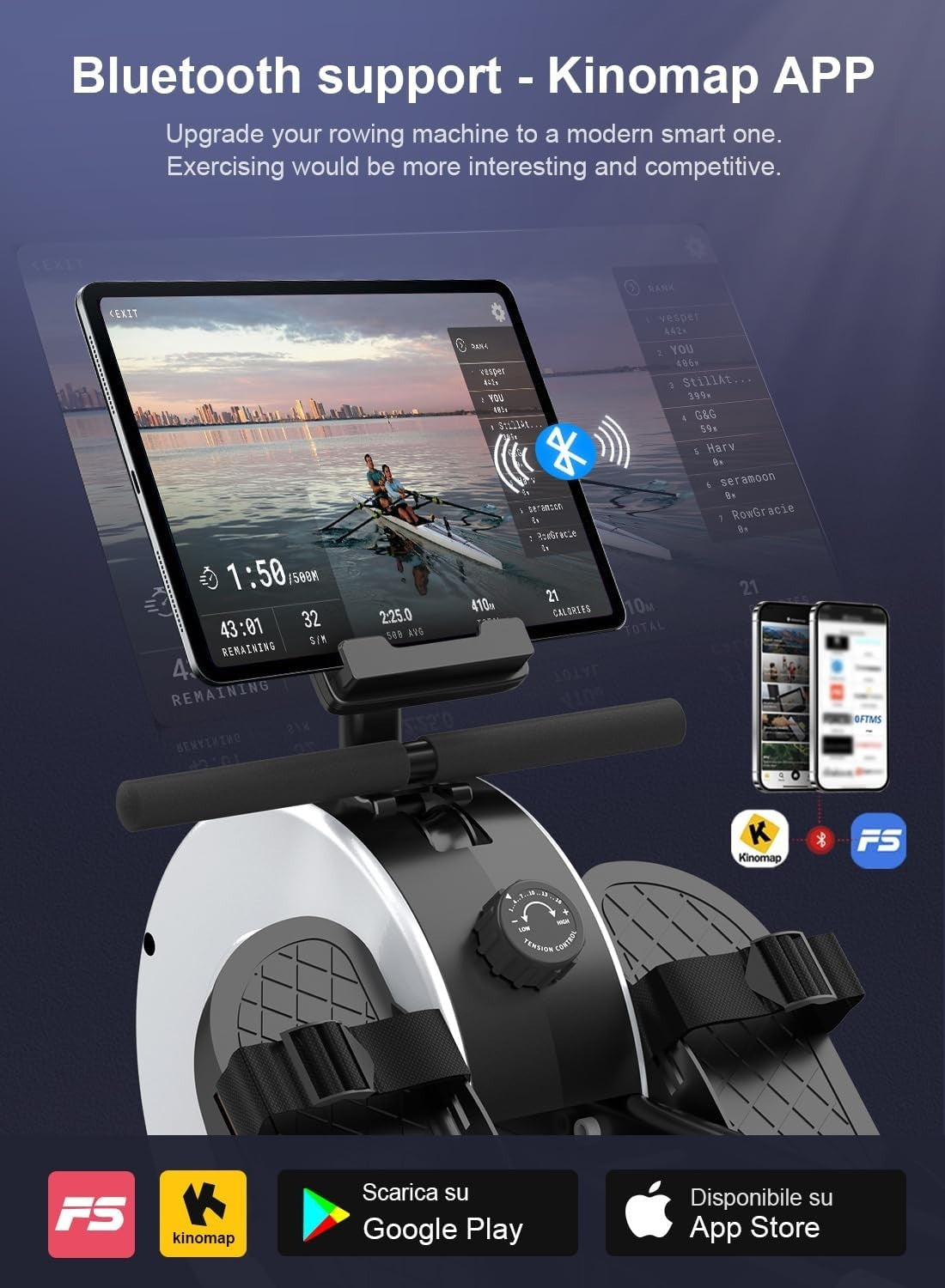 Magnetic Rowing Machine 16-Level Quiet Resistance Dual Rail LCD App 130KG