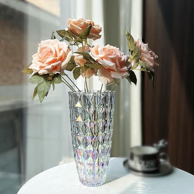 Diamond Cut Glass Vase Tall Crystal Style Flower Vase Luxury Home Decor