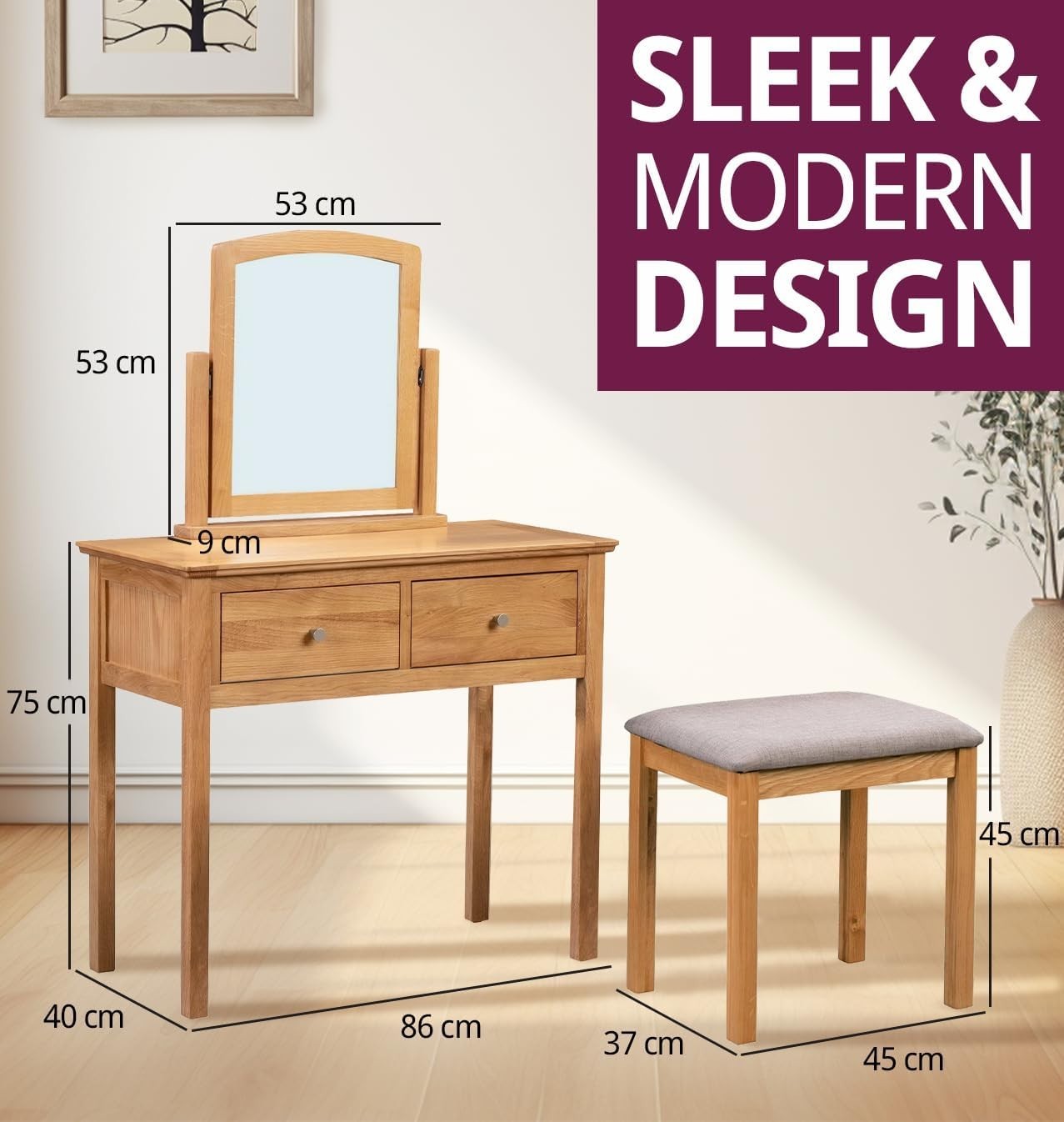 Light Oak Dressing Table Vanity Set Mirror Stool 2 Drawer Storage Bedroom