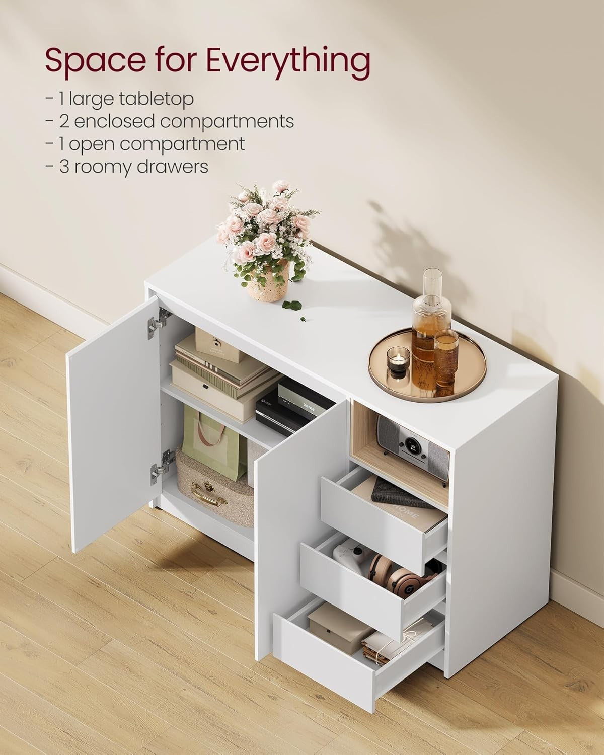 White 2 Door Sideboard with 3 Drawers & Adjustable Shelf | Storage Cabinet