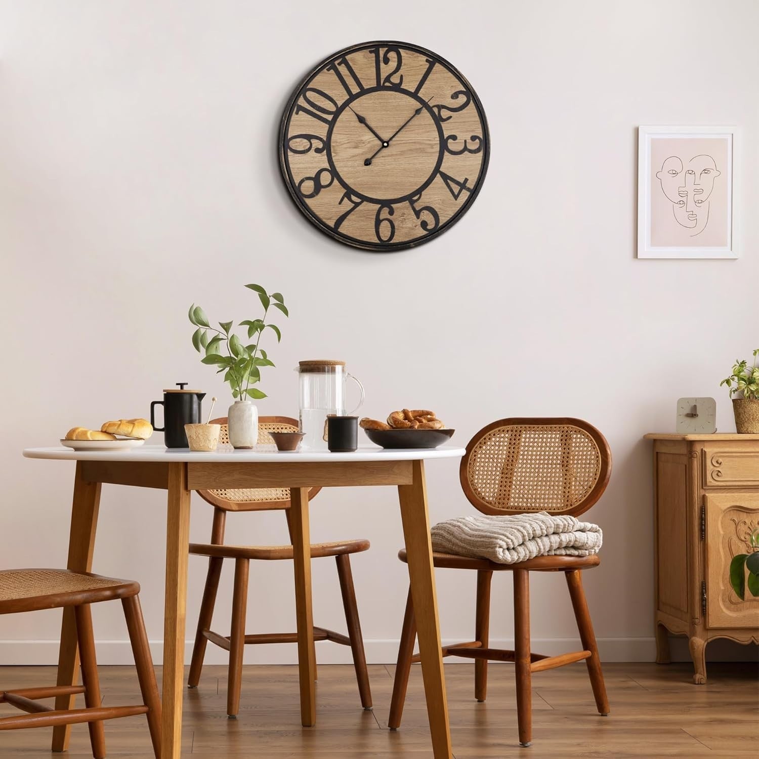 24" Silent Wall Clock Rustic Farmhouse Metal Wood Arabic Numerals Large