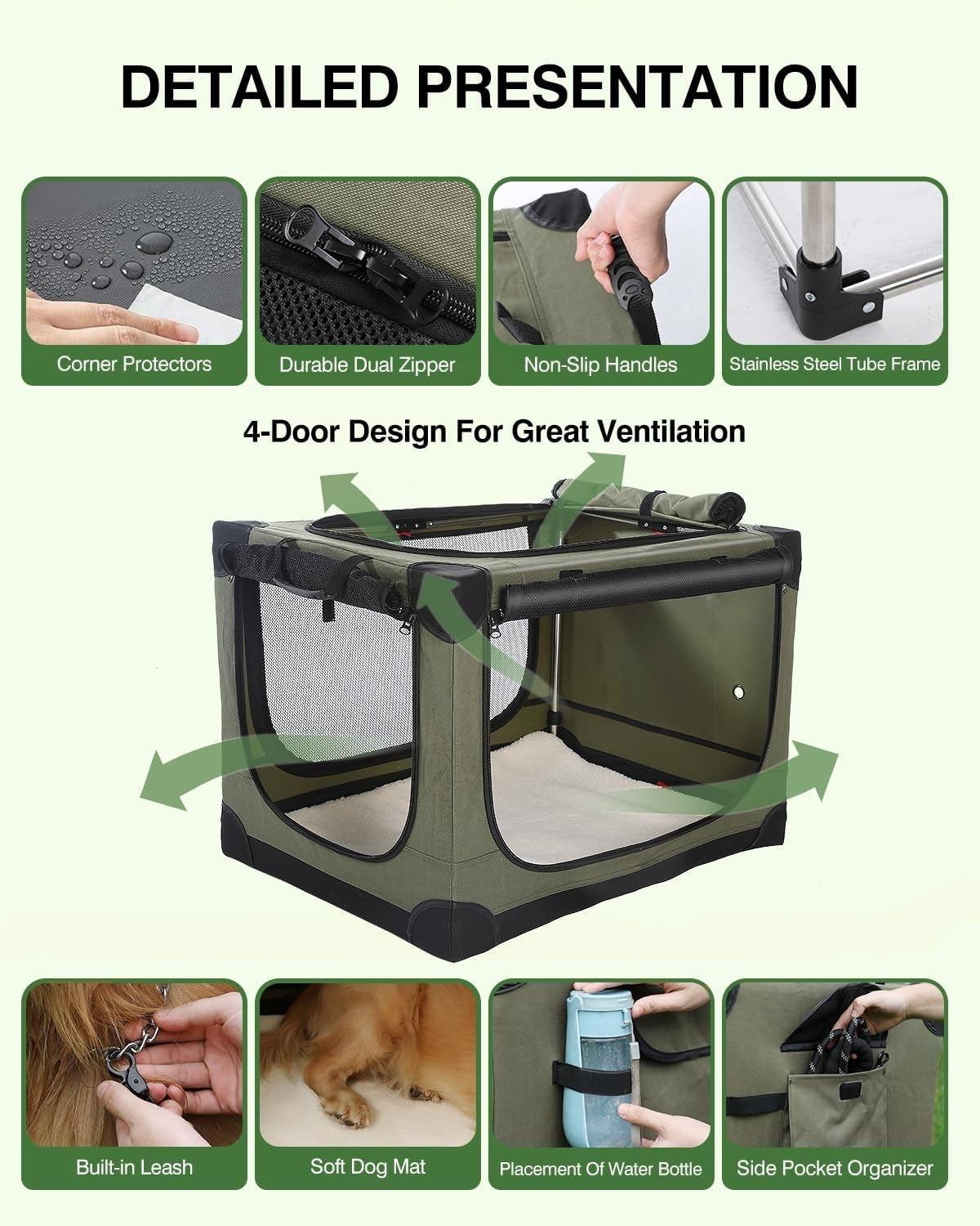 Portable Foldable Soft Dog Crate Kennel with Mesh Windows 90x64x64cm Green
