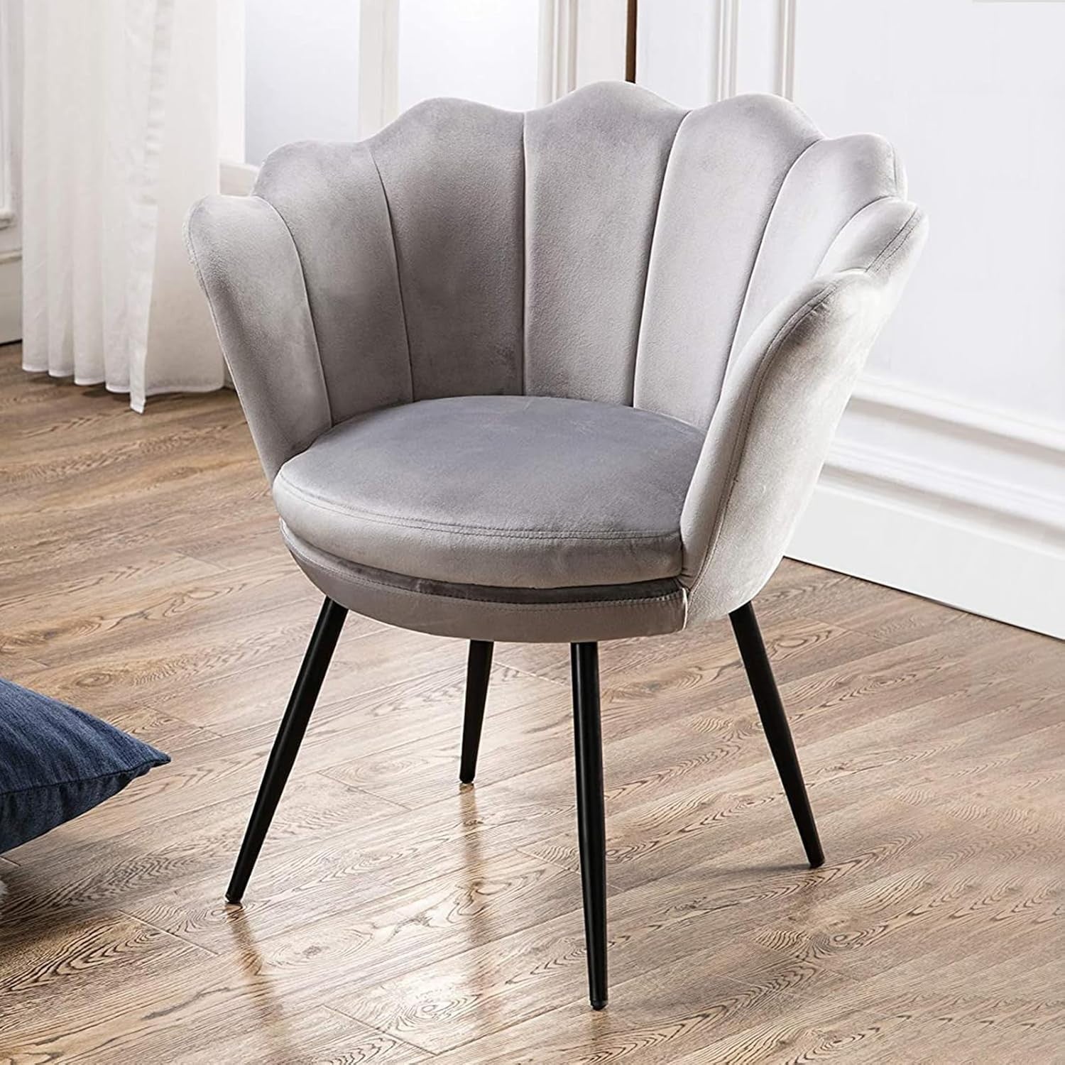 Grey Velvet Lounge Chair Gold Legs | Petal Back Armchair for Bedroom
