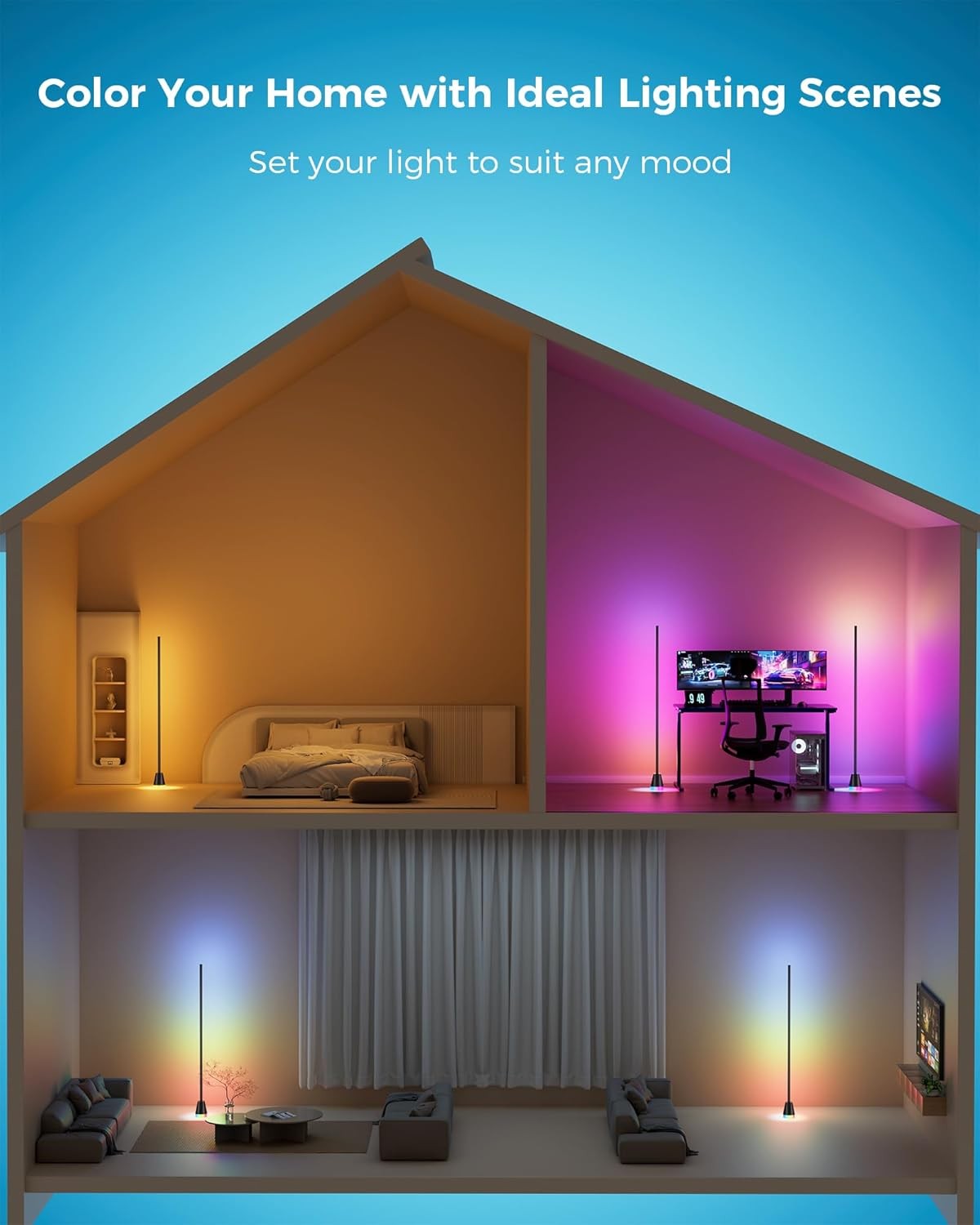 Smart RGB Corner Floor Lamp App Remote Music Sync LED Mood Light Black