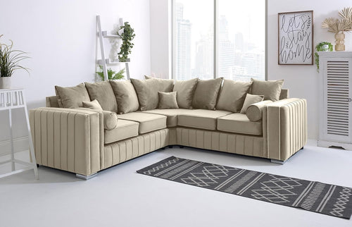 Cream Velvet Corner Sofa 5 Seater | Scatterback | Chrome Legs | Foam Cushions