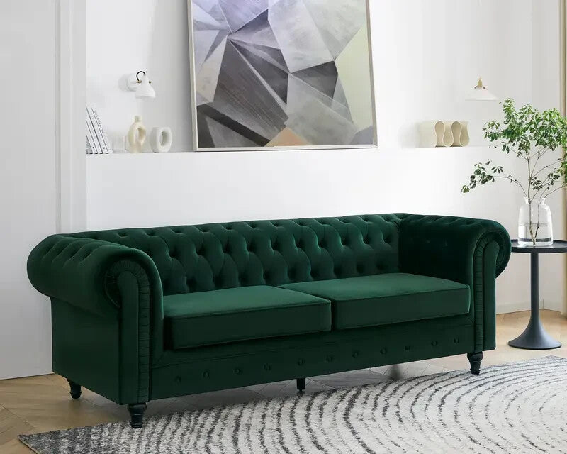 3 Seater Chesterfield Sofa Green Velvet Scroll Arms Plush Living Room