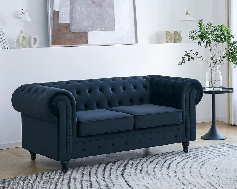Midnight Blue Velvet Chesterfield Sofa 2 Seater Tufted Scroll Arms Couch