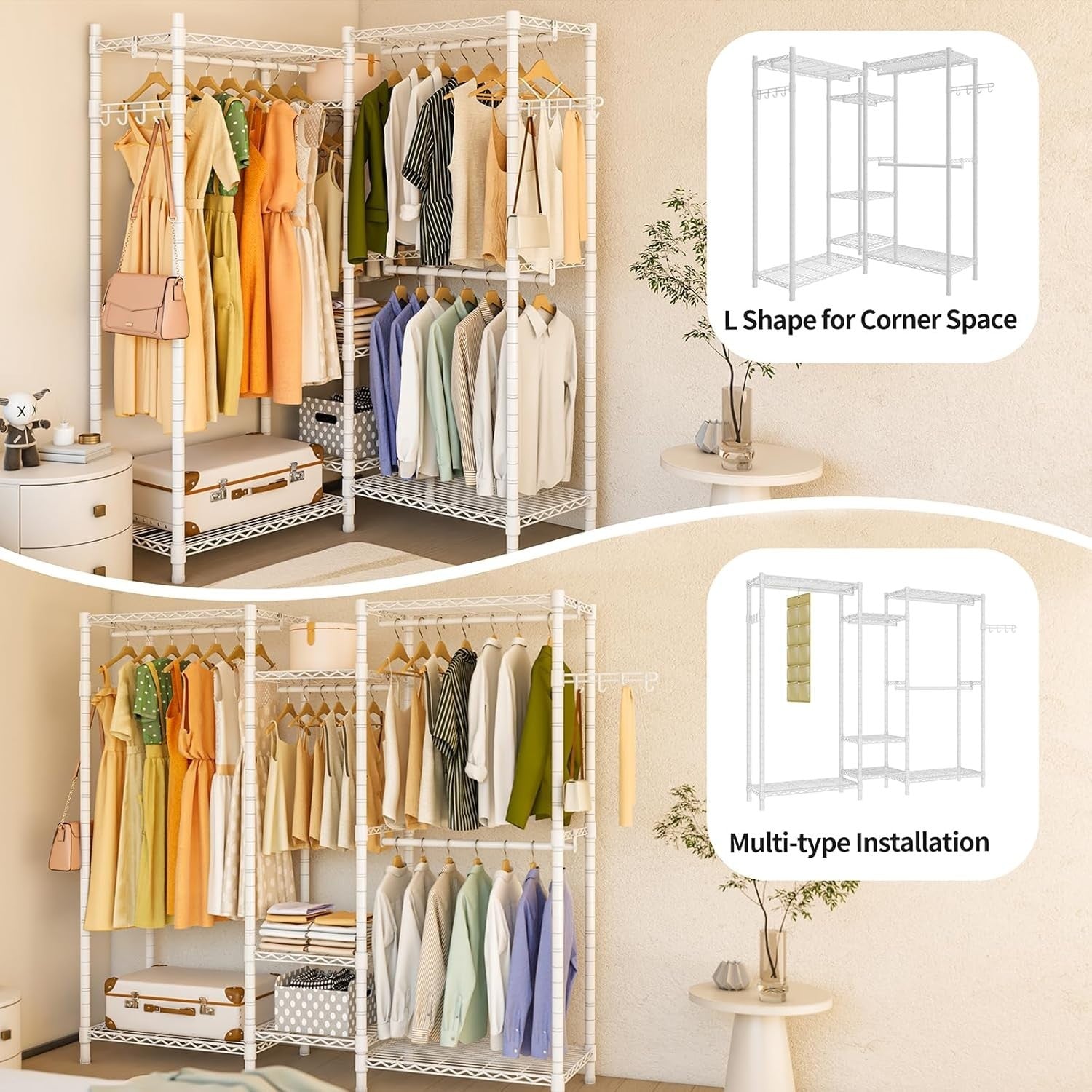 Heavy Duty Clothes Rail 7 Tier Adjustable Shelves 4 Rods White
