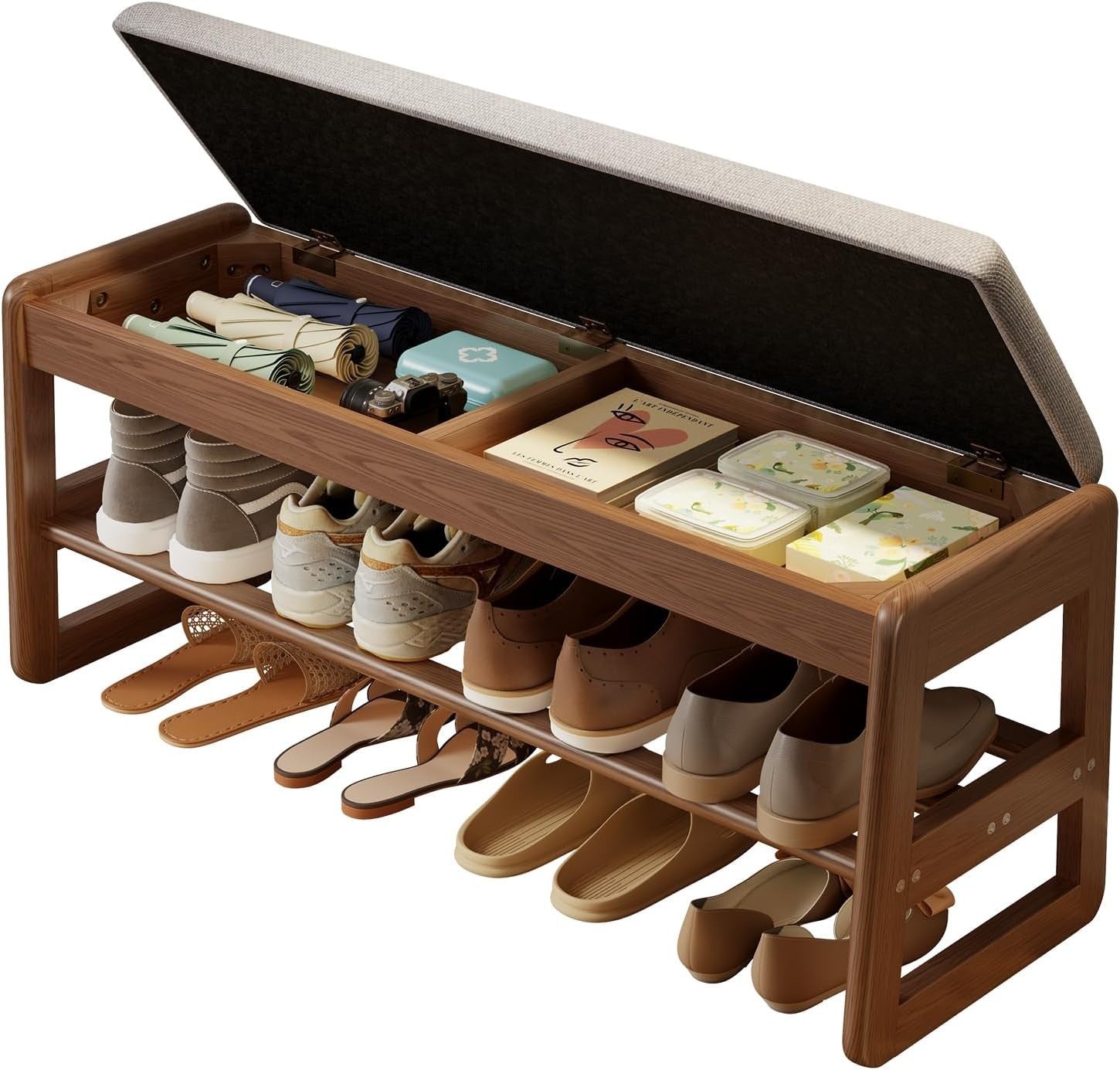 Flip-Top Shoe Bench with Cushion | 2-Tier Walnut Entryway Shoe Rack Storage