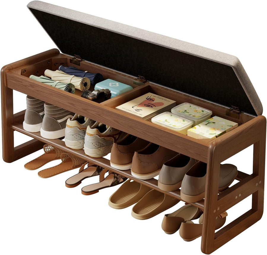Flip-Top Shoe Bench with Cushion | 2-Tier Walnut Entryway Shoe Rack Storage