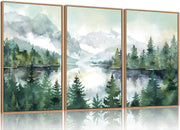 Watercolor Mountain Framed Canvas Wall Art Set Forest Landscape 16x24