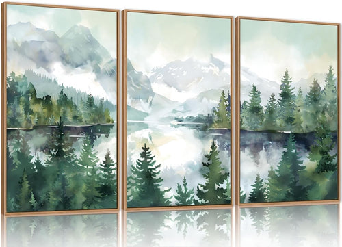 Watercolor Mountain Framed Canvas Wall Art Set Forest Landscape 16x24