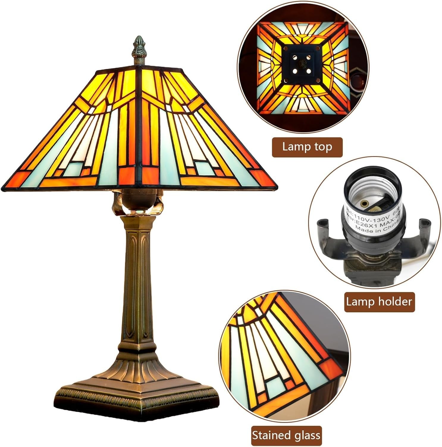 Amber Stained Glass Table Lamp Tiffany Style Bedside Light for Reading