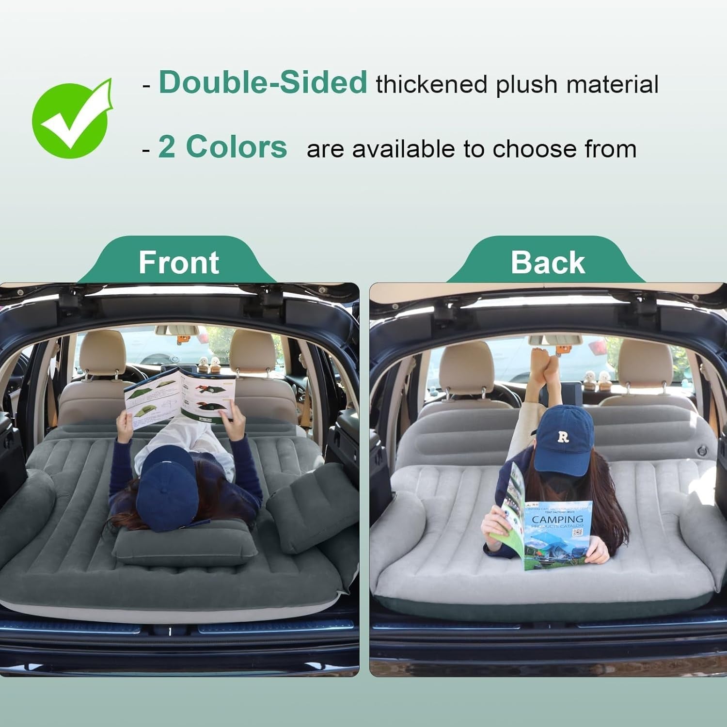 Inflatable Car Air Mattress with Built-In Pillow, Double-Sided Flocked Bed