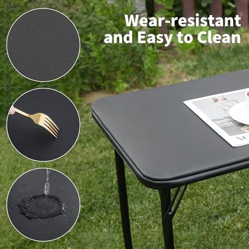 Small Foldable Metal Table with Vinyl Top Black Compact Lightweight Desk