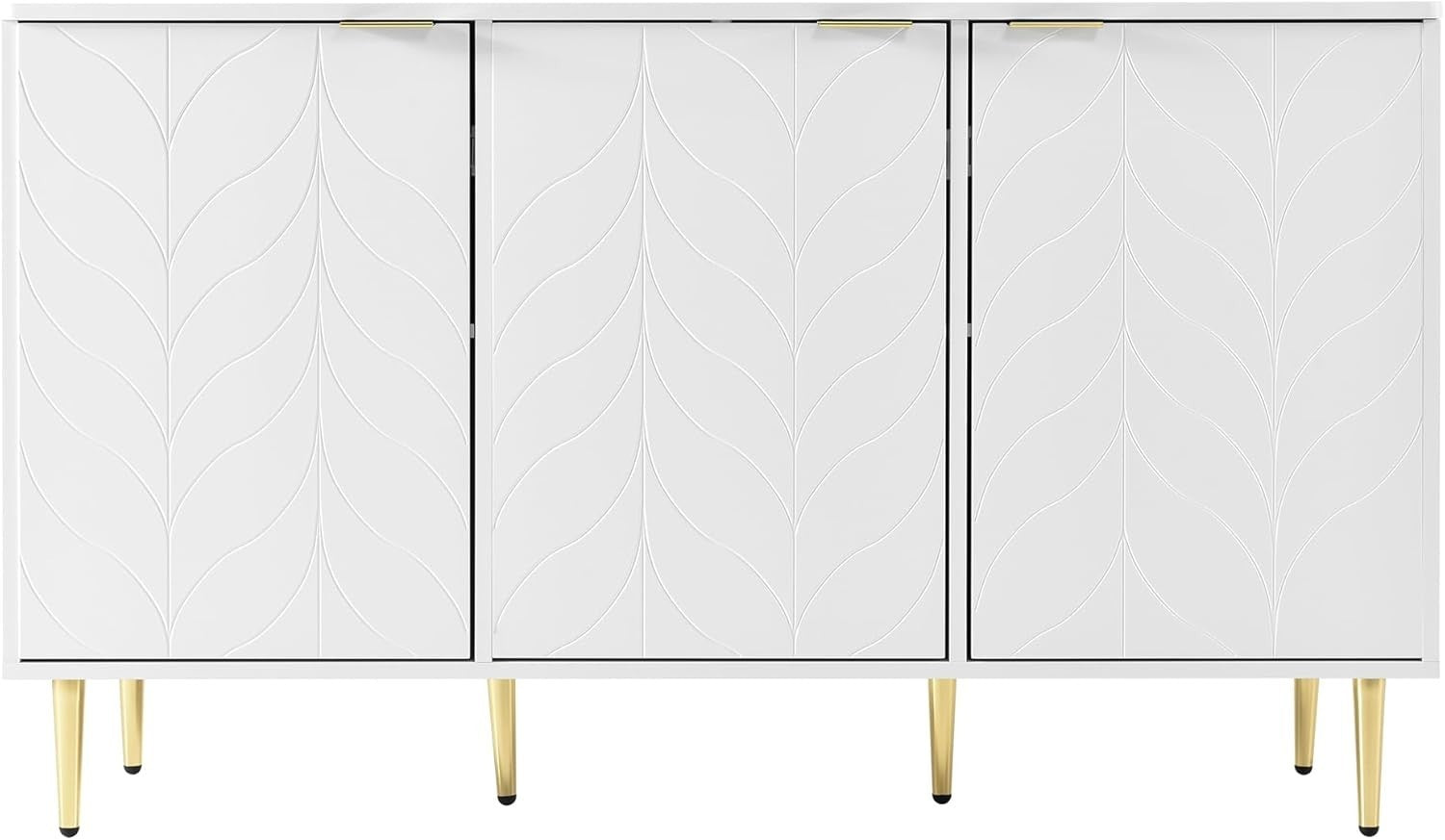 White Sideboard Cabinet 3 Doors Gold Legs Modern Storage Unit 127cm