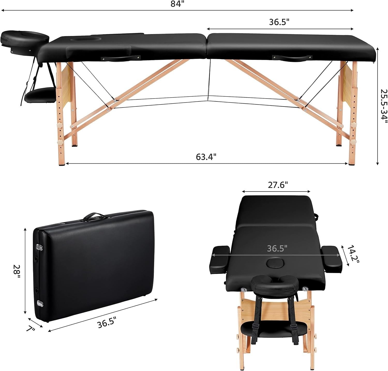 Portable Wood Massage Table 2-Section Folding Beauty Lash Bed Black 70cm Width