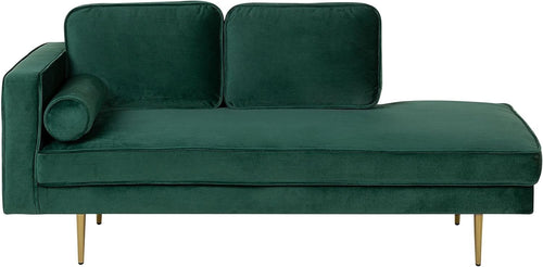 Emerald Green Velvet Chaise Lounge | Gold Legs, Glam Sofa, Small Space Ready