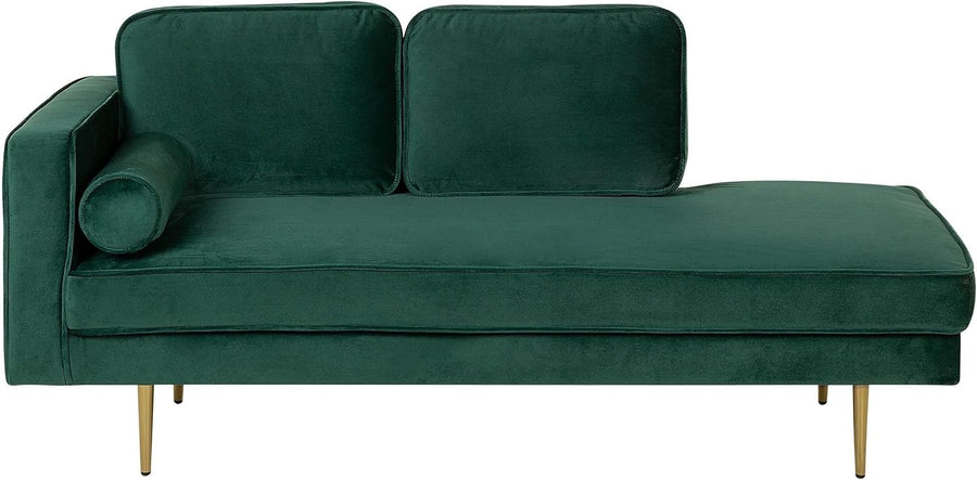 Emerald Green Velvet Chaise Lounge | Gold Legs, Glam Sofa, Small Space Ready