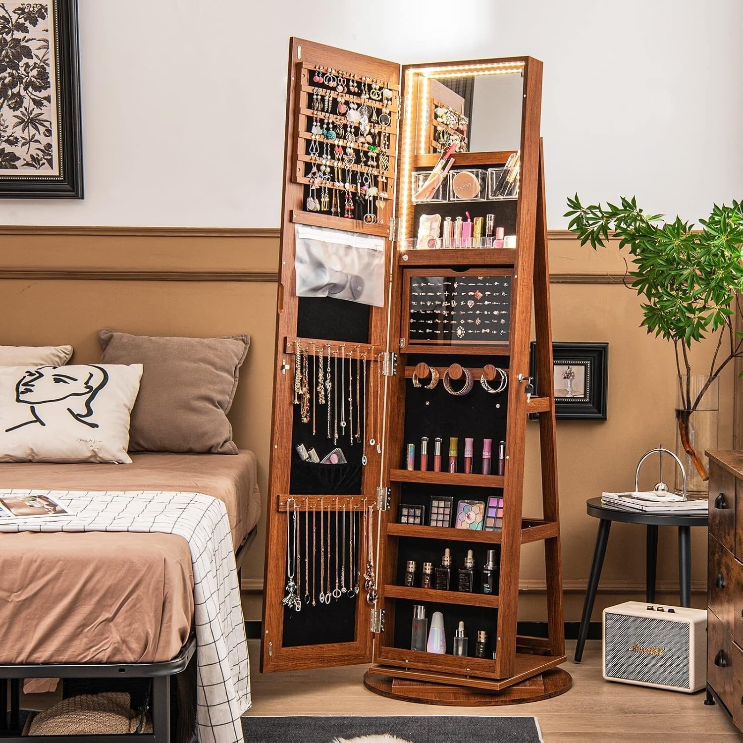Brown 360° Swivel Jewelry Armoire LED Light Mirror Lockable Cabinet