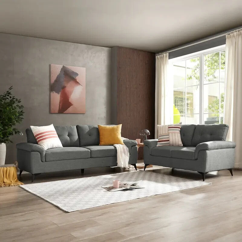 2 Seater Sofa Dark Grey Linen Tufted Cushions Small Space Living Room