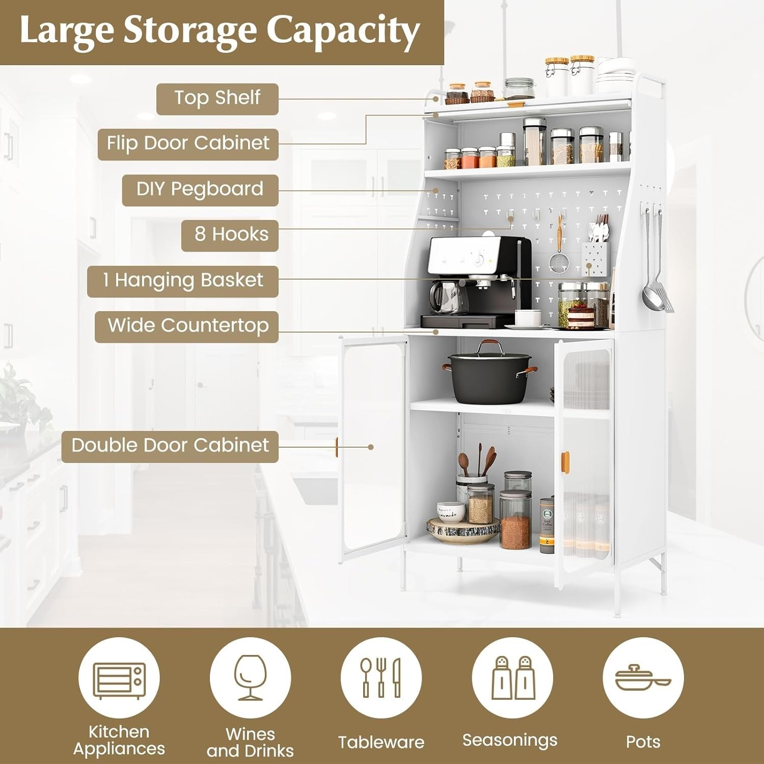 White Kitchen Pantry Cupboard with Flip Door, Pegboard & Adjustable Shelf
