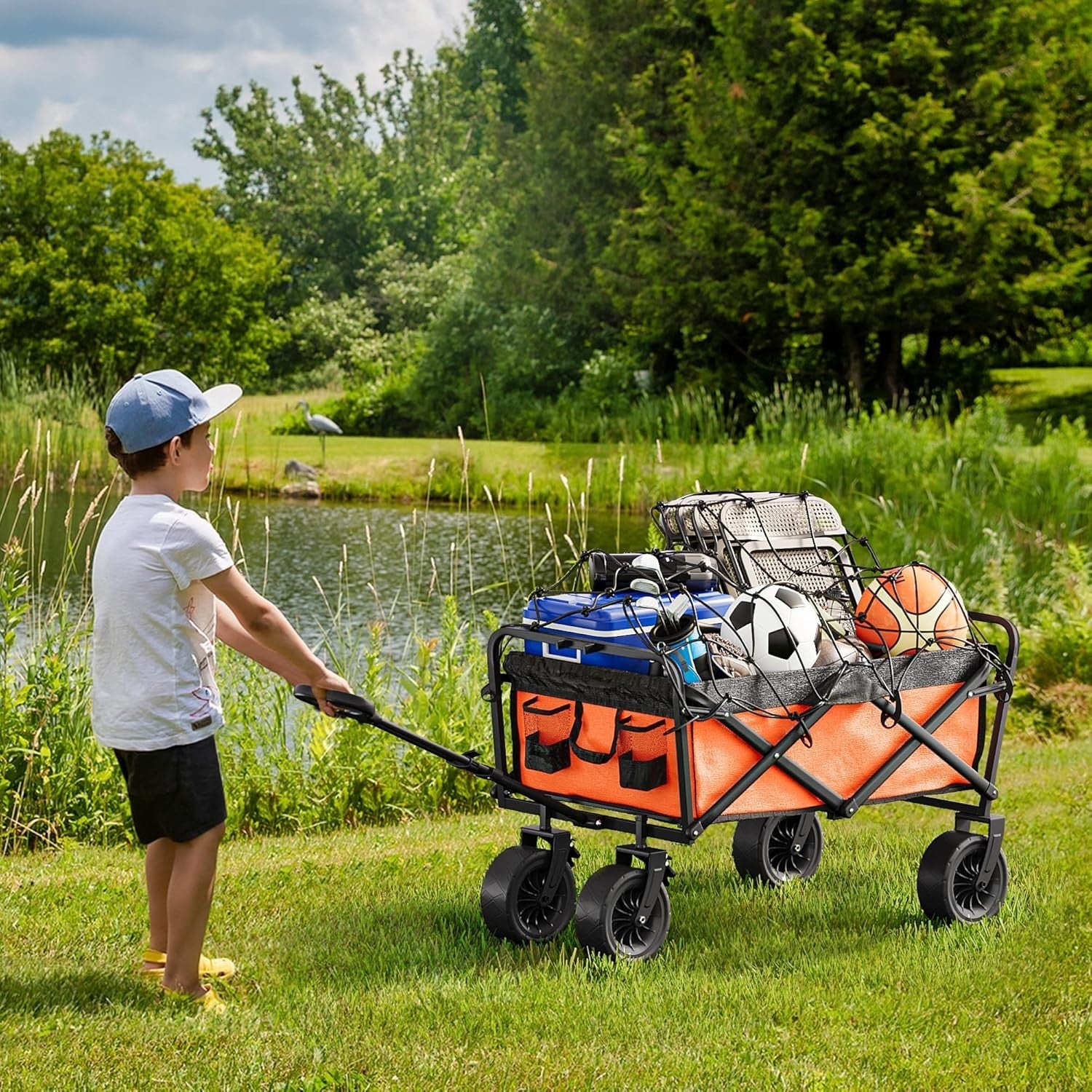 Orange Folding Beach Wagon Cart w/ Table Oversized Wheels Adjustable Handle