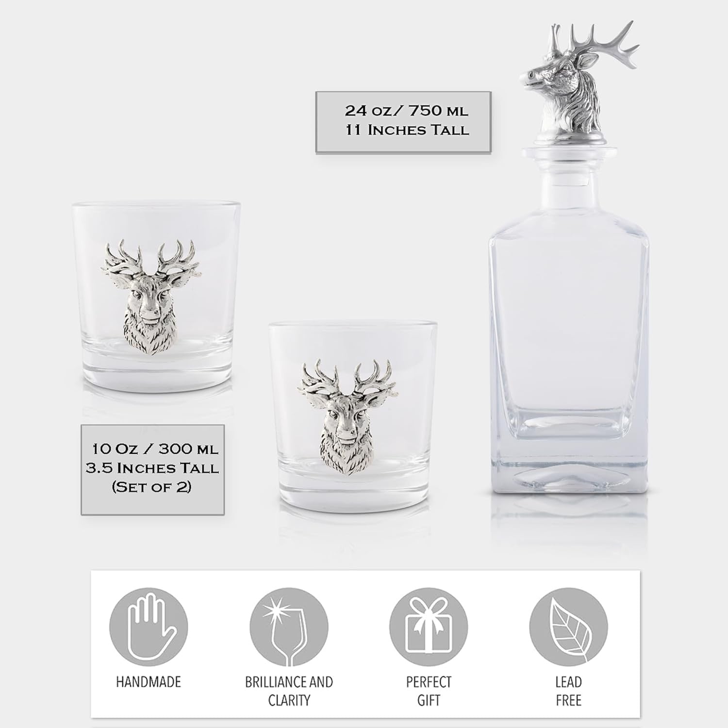 Luxury Elk Decanter Set 750ml with 2 Old Fashioned Glasses | Premium Bar Gift