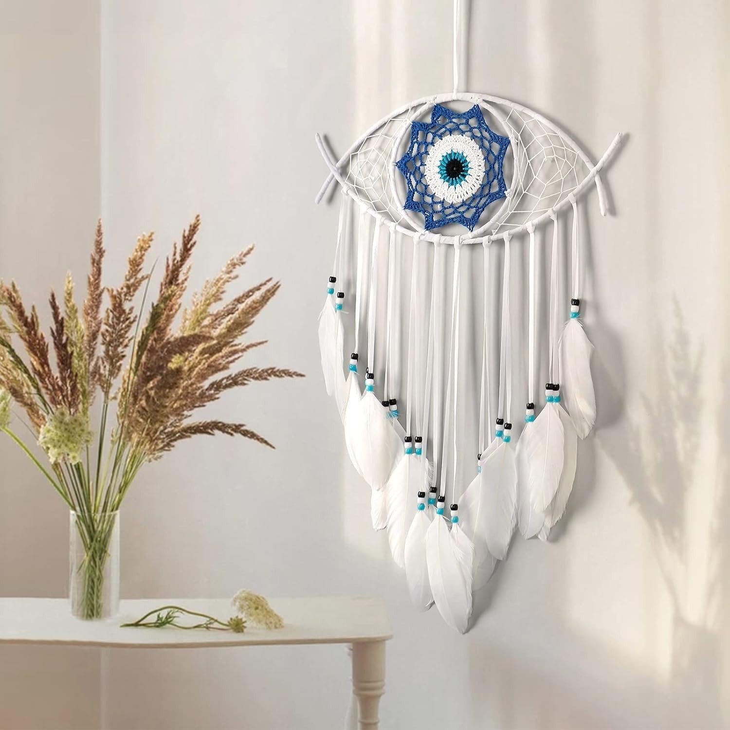 Boho Evil Eye Dream Catcher White Macrame Wall Hanging Decor