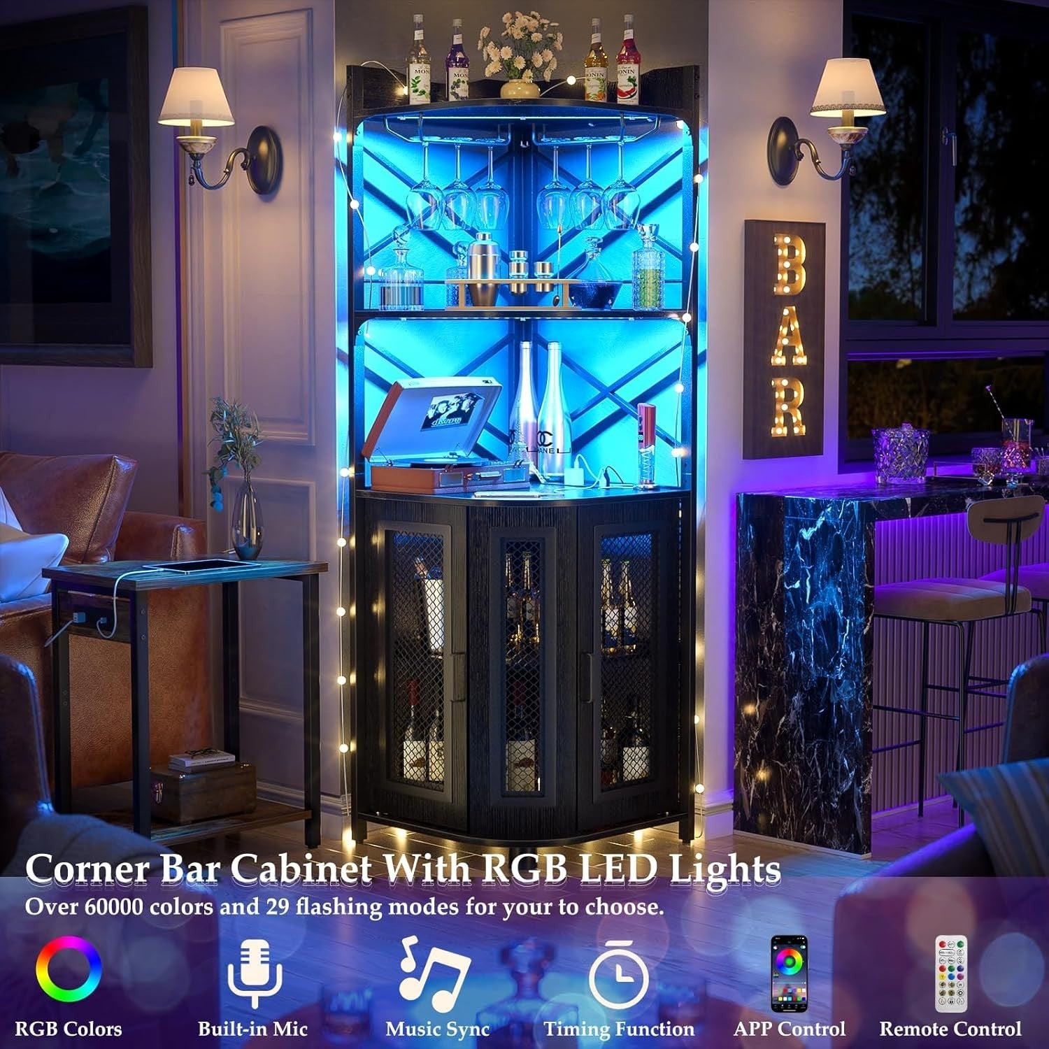 Corner Bar Cabinet with LED Lights & Power Outlets, 5-Tier Liquor Display