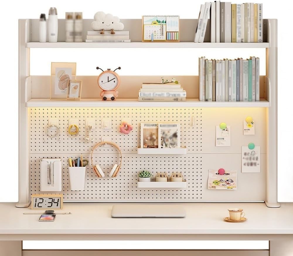 108x63cm Clamp-On Desktop Bookshelf 3-Tier Desk Hutch Pegboard Organizer Shelf