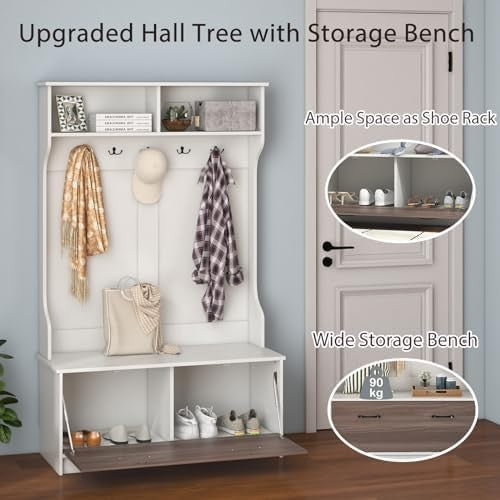 Freestanding Coat Rack with Shoe Bench & Hooks for Hallway Bedroom Home
