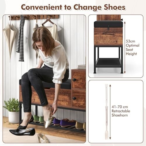 Rustic Brown Shoe Storage Bench with Flip Top & Cushion – Metal Frame 100cm