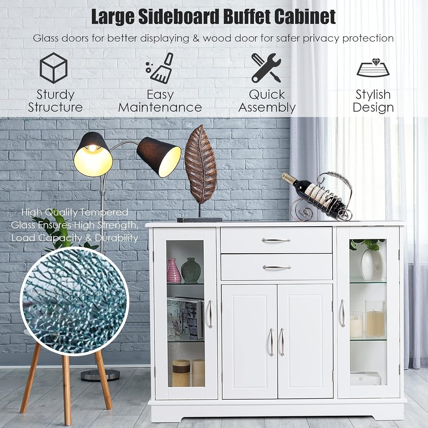 White  Sideboard Buffet Cabinet Glass Doors Storage Unit with Drawers