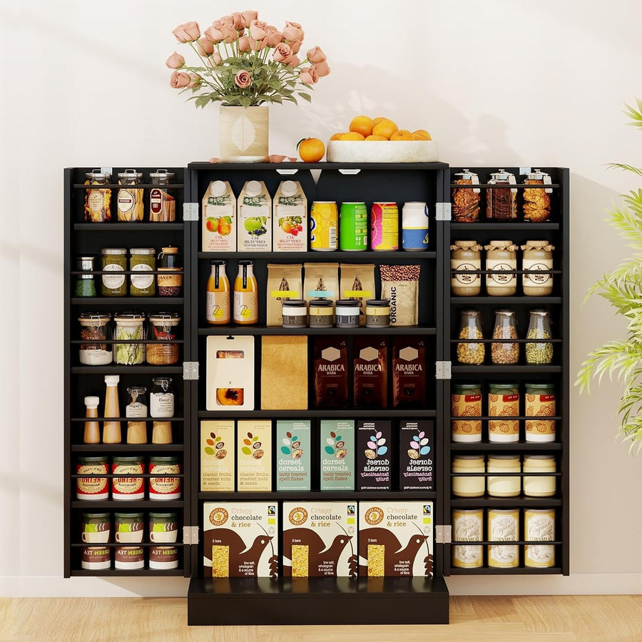 Kitchen Cupboard Pantry Cabinet 17 Shelves 2 Doors Black Small