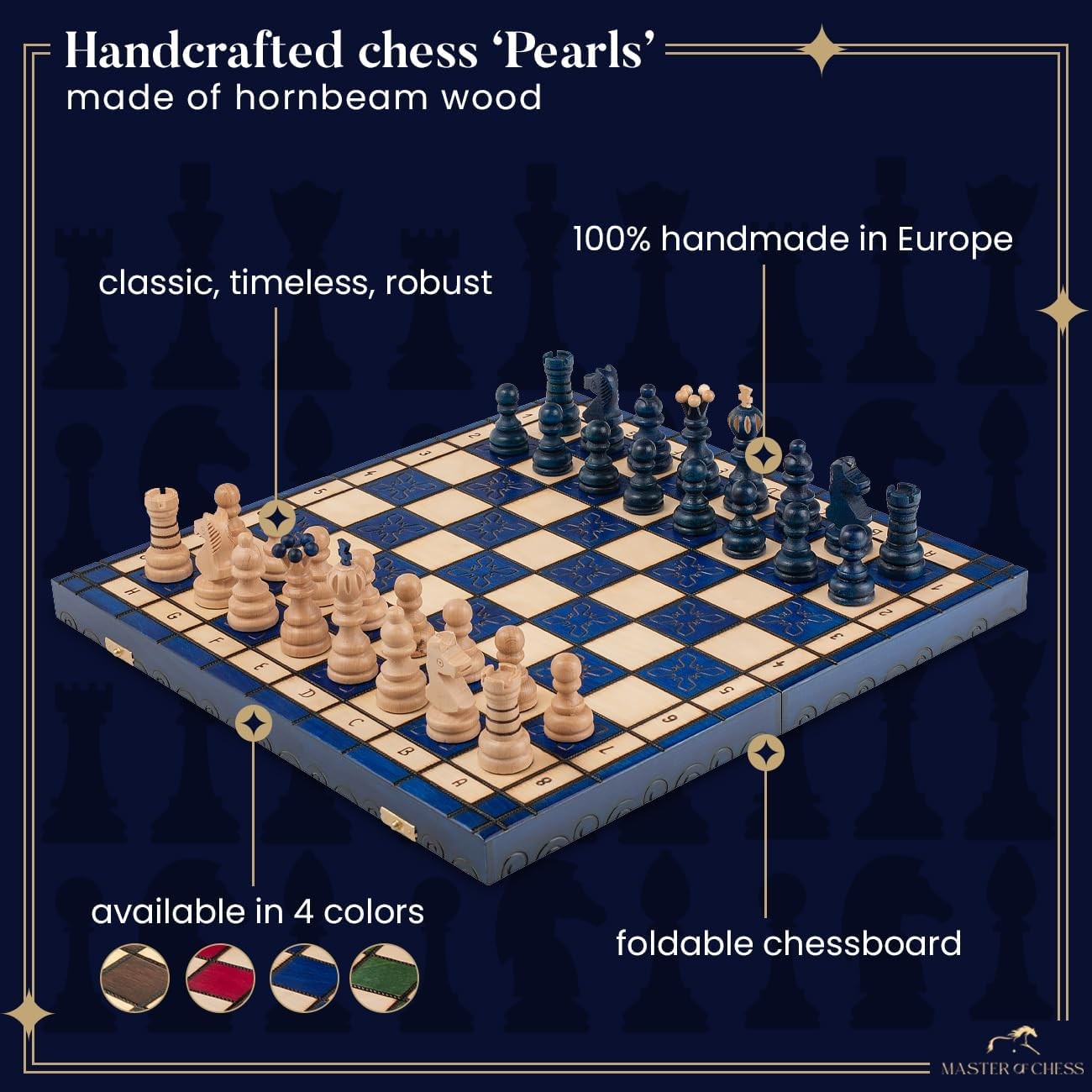 Luxury 42cm Wooden Chess Set XL | Handcrafted Blue Board & Pieces | Premium Gift