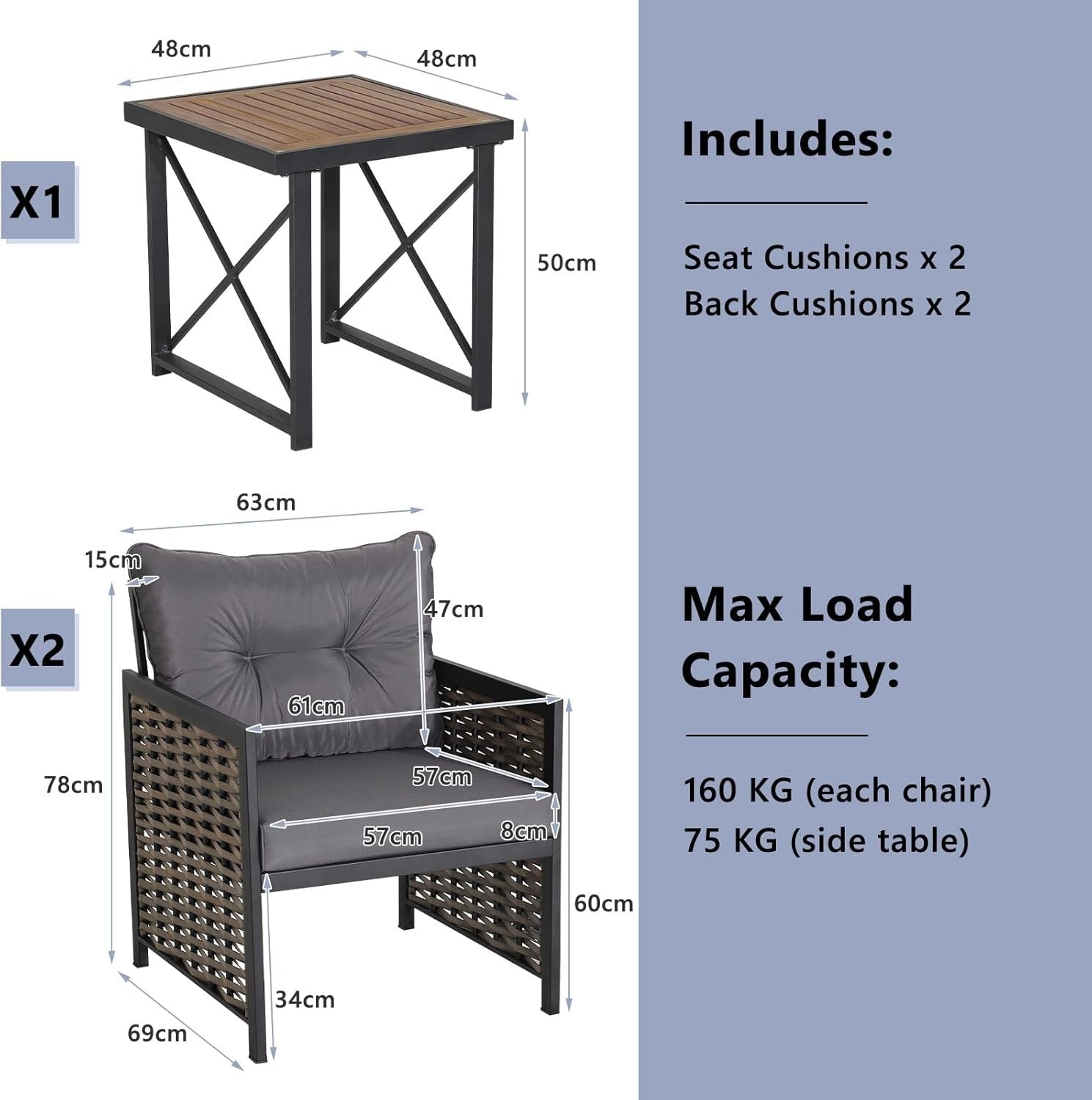 Outdoor Rattan Bistro Conversation Set Acacia Table Soft Cushions Patio