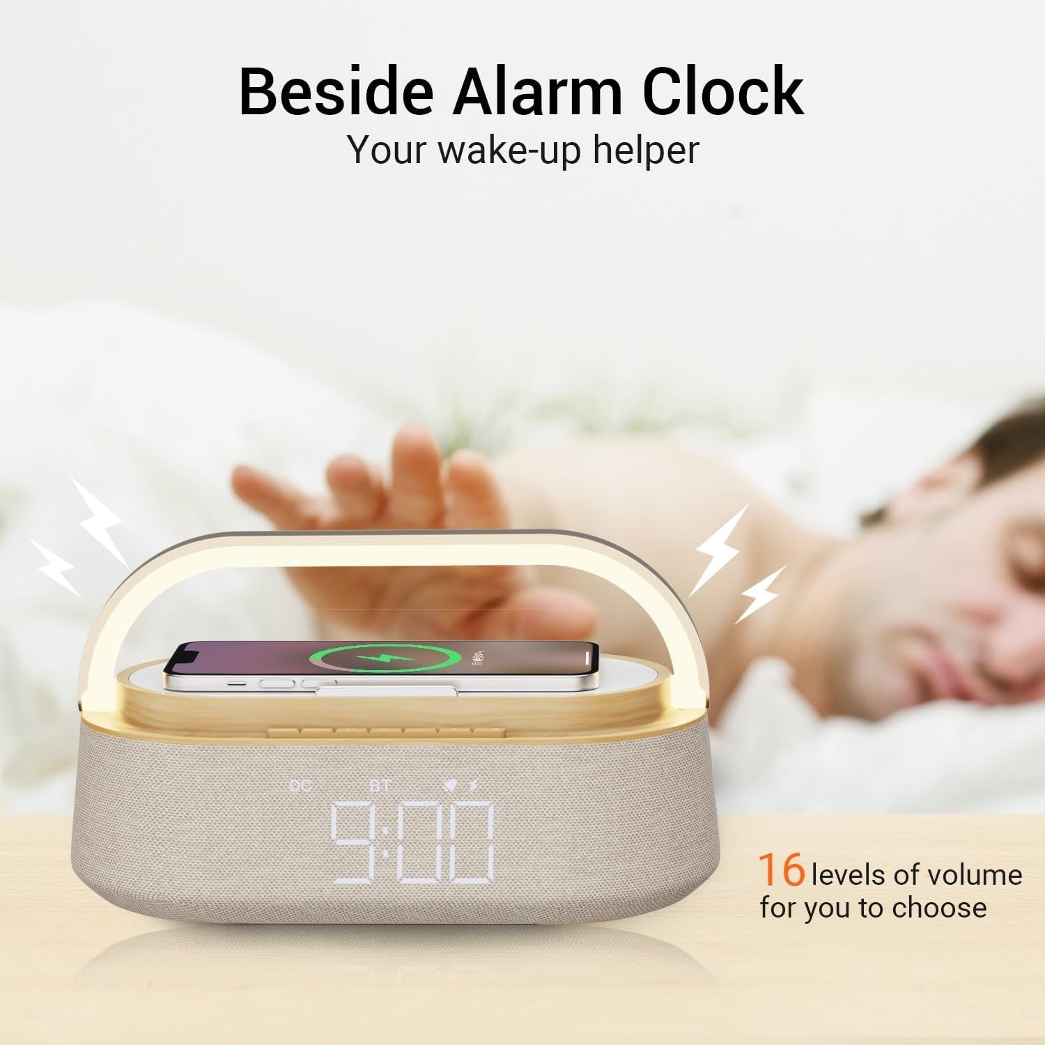 Yellow Bluetooth Speaker Alarm Clock Wireless Charger LED Night Light Radio