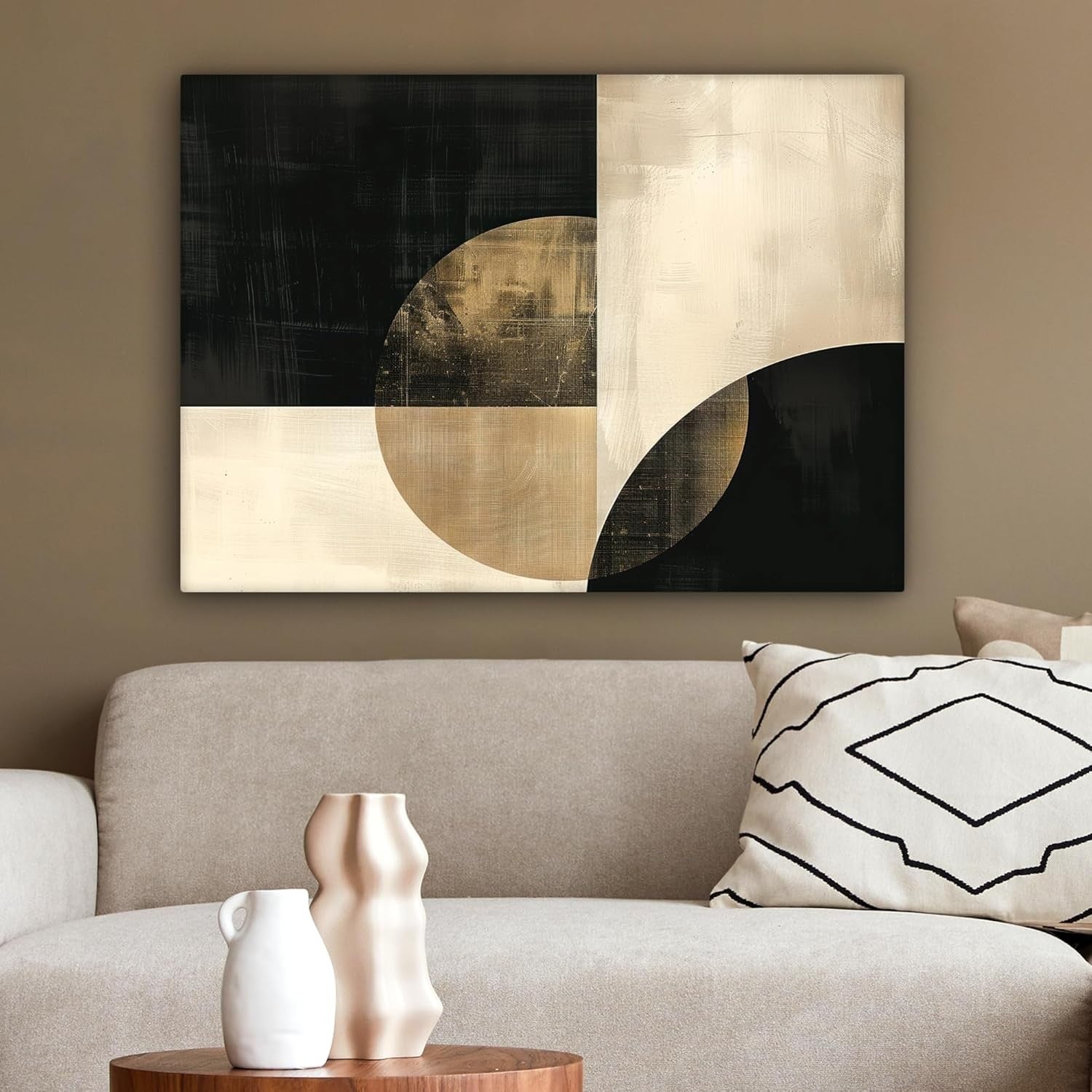 Abstract Circles Canvas Wall Art Black Gold Modern 80x60cm Living Room Decor