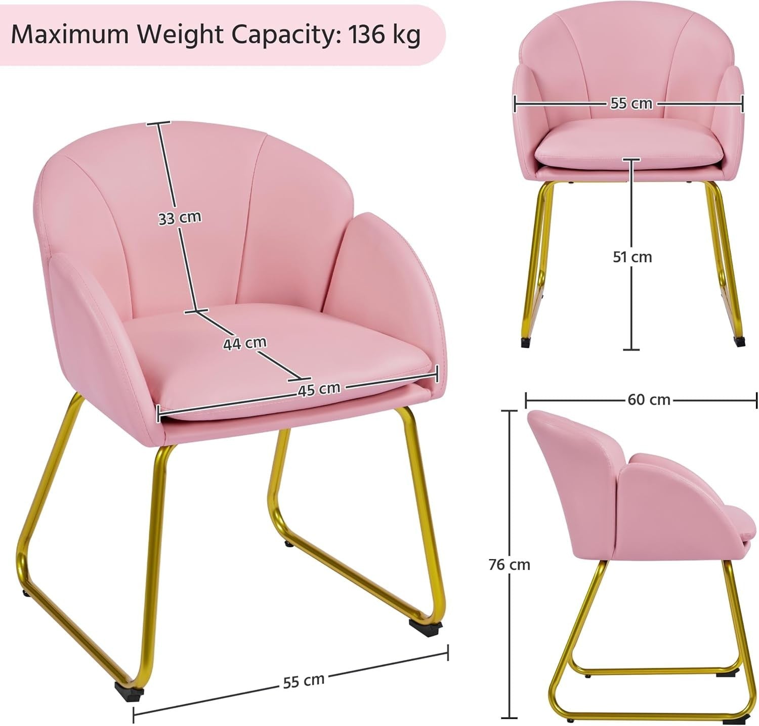 Pink PU Leather Tub Vanity Chair Petal Accent Armchair with Gold Metal Legs