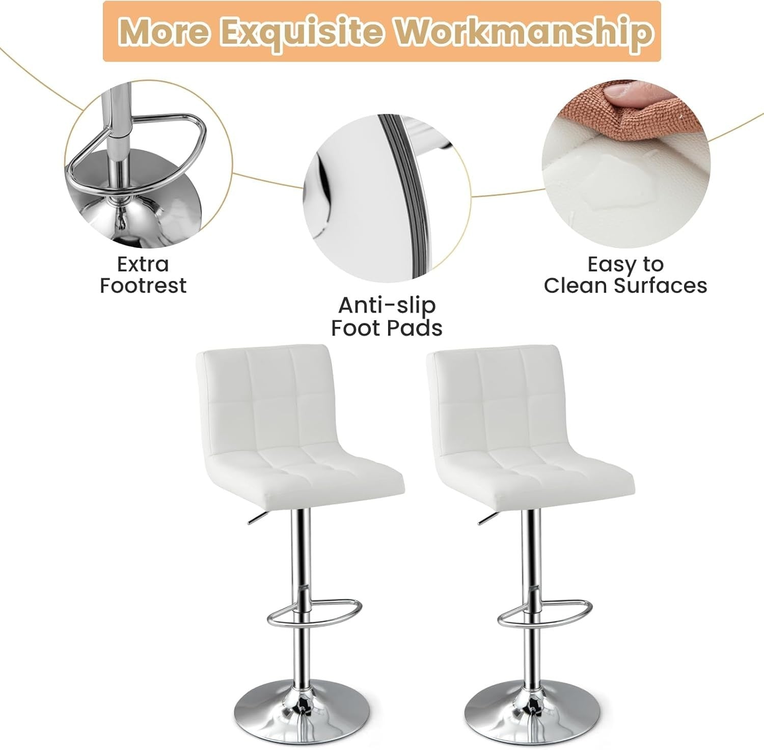 Set of 2 Adjustable White PU Leather Bar Stools with Swivel & Footrest