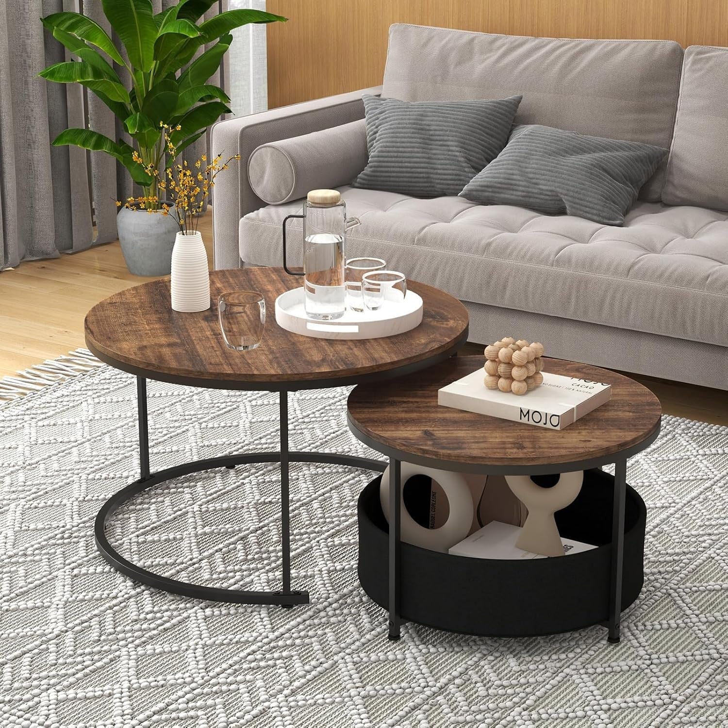 Nesting Coffee Table Set of 2 Round Side End Tables Rustic Industrial Metal