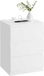 Modern Bedside Table with Charging Station, 3 Drawers, USB & AC Ports, White