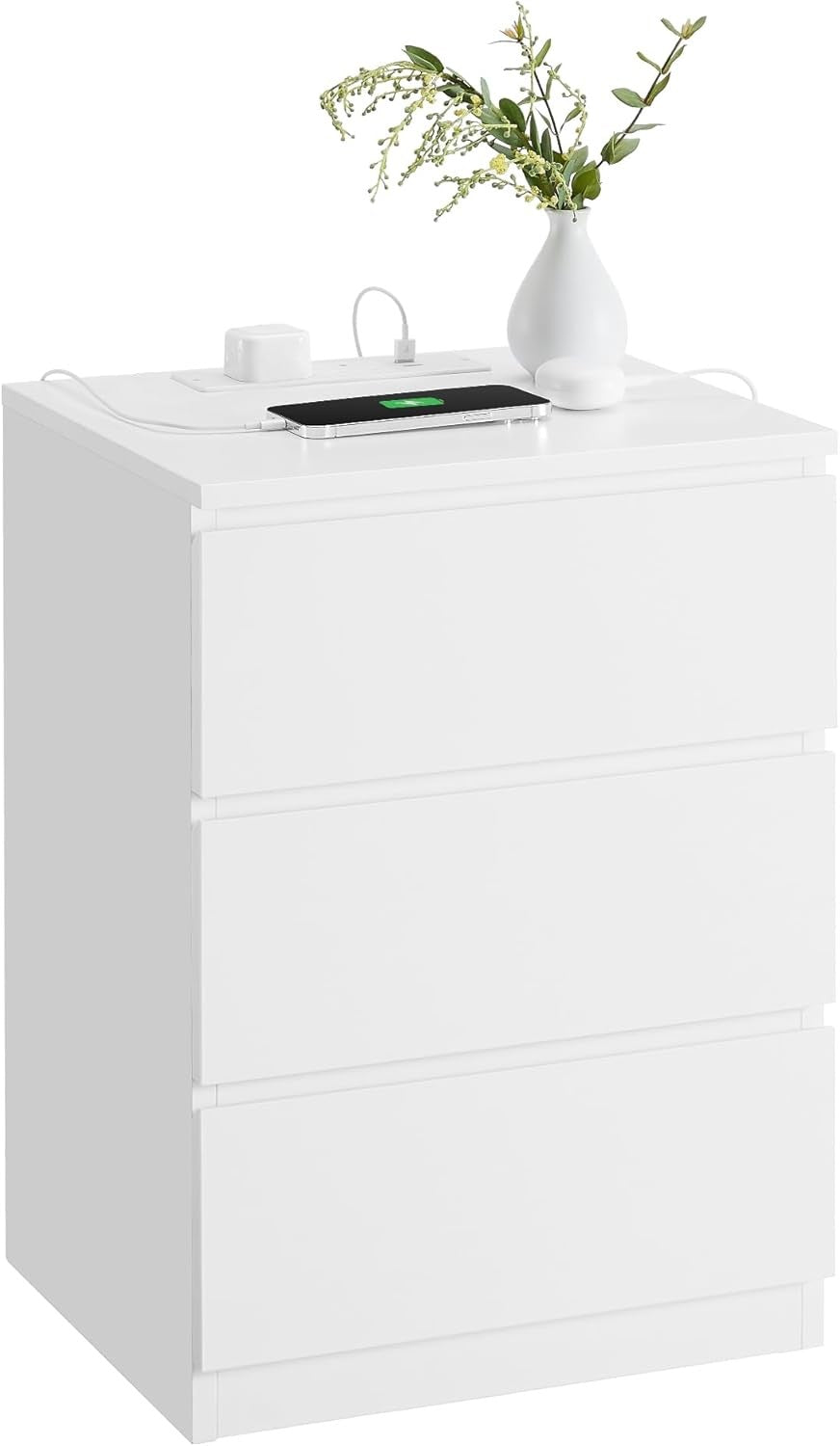 Modern Bedside Table with Charging Station, 3 Drawers, USB & AC Ports, White