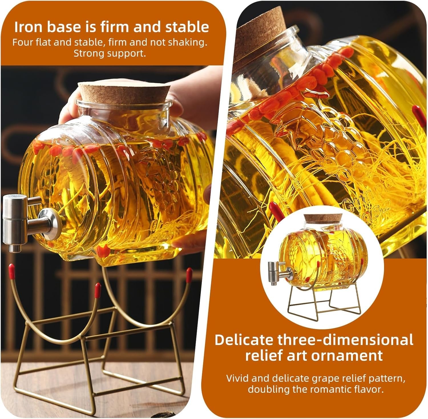 5L Whisky Decanter Barrel Glass Dispenser with Tap & Stand Party Bar Gift Set